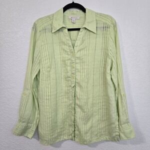 JM Collection Womens Button Down Top Long Sleeve Linen Shirt Green Size‎ 12